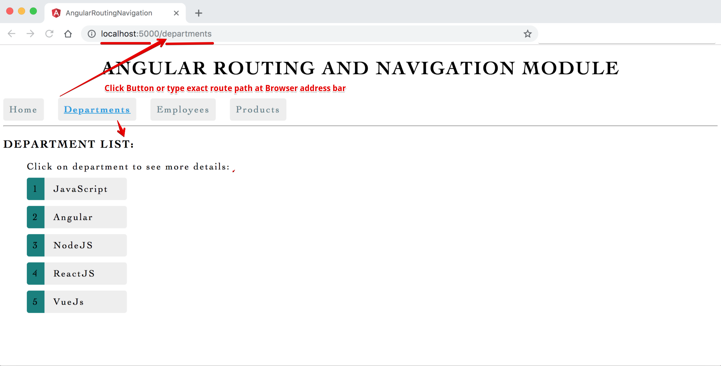 Image - Output - Angular Single Page Application (SPA) with Routing Navigation - Departments View